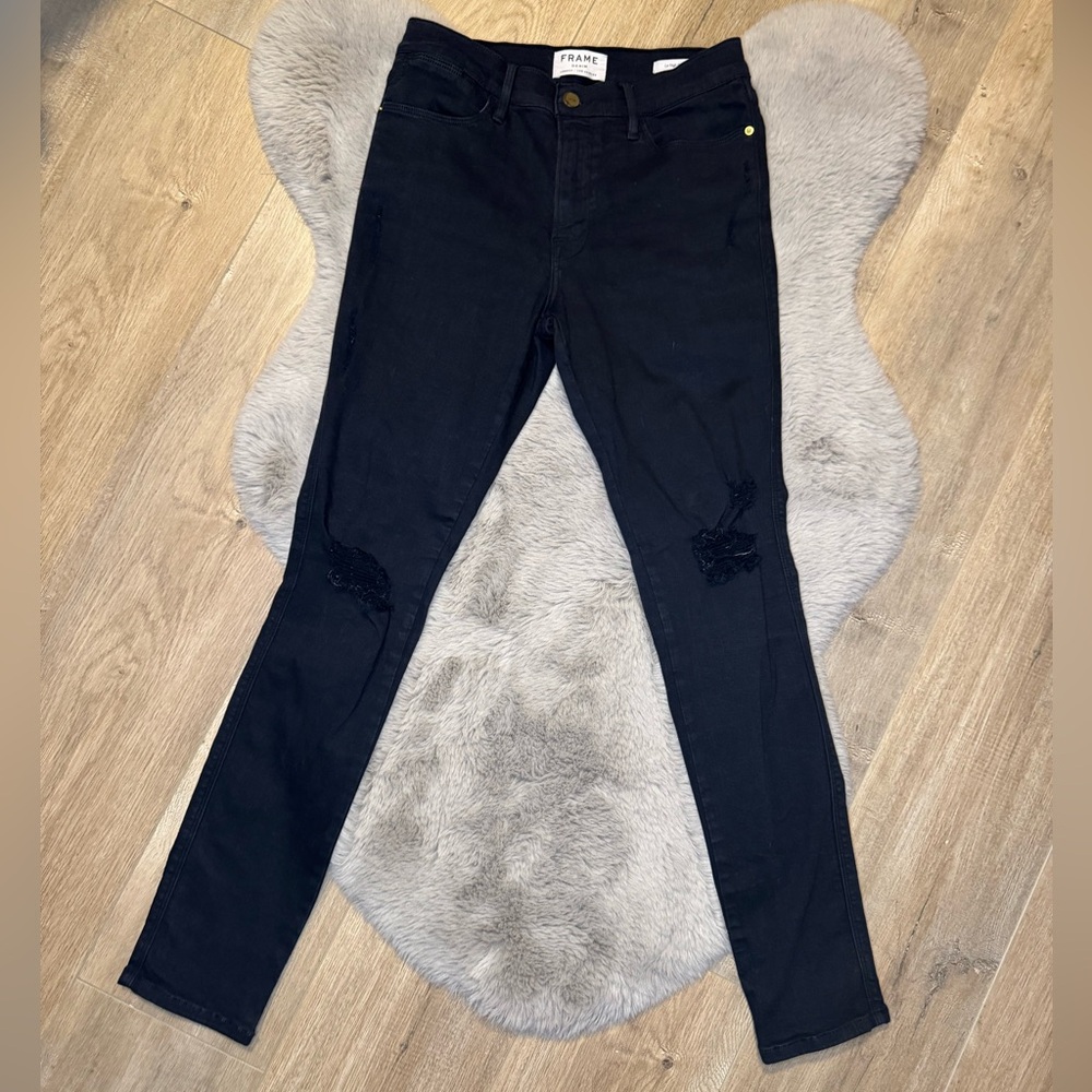 🟢3/$25 Frame Denim Le High Skinny Film Noir Distressed Black Skinny Jeans 28